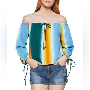 BCBGeneration Blue Multicolor Stripe Off-Shoulder Woman and Juniors Shirt